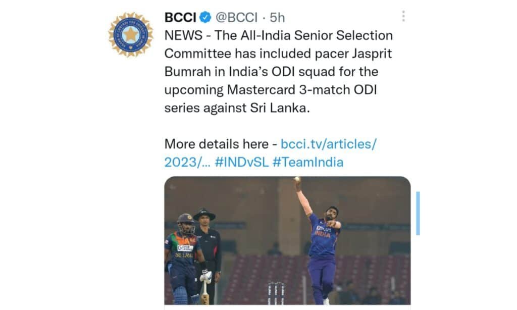 Jasprit Bumrah back in the Indian team for the ODI series vs Sri Lanka